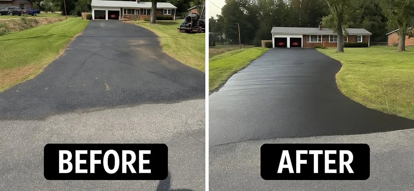 Driveway sealcoating before and after results showing restored blacktop at a Greenville SC residential property