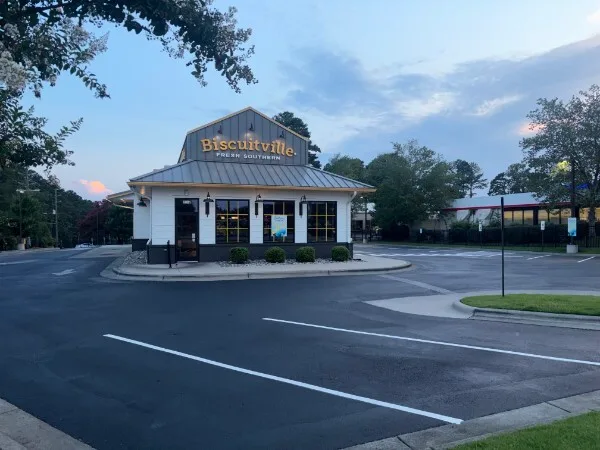 Freshly paved and striped restaurant parking lot at a Charlotte NC commercial property